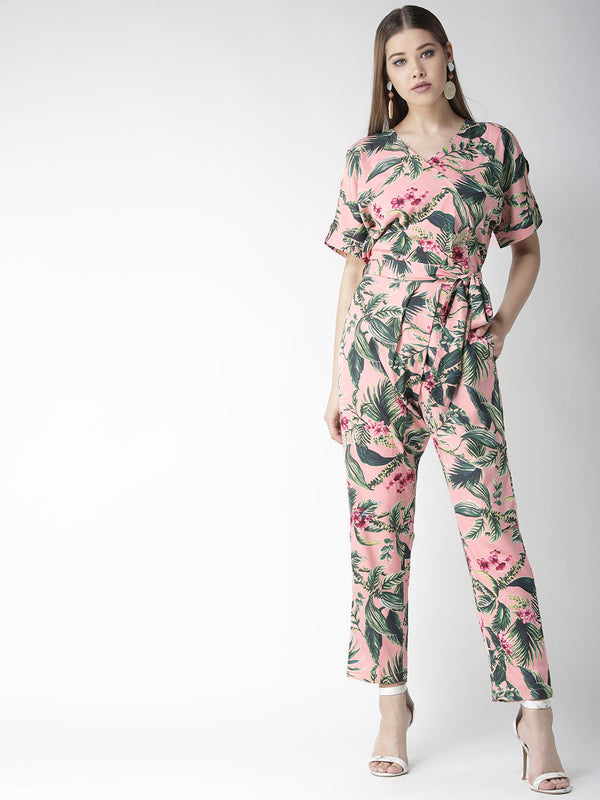 Women's Pink Floral Slit Sleeve Jumpsuit with Belt - StyleStone