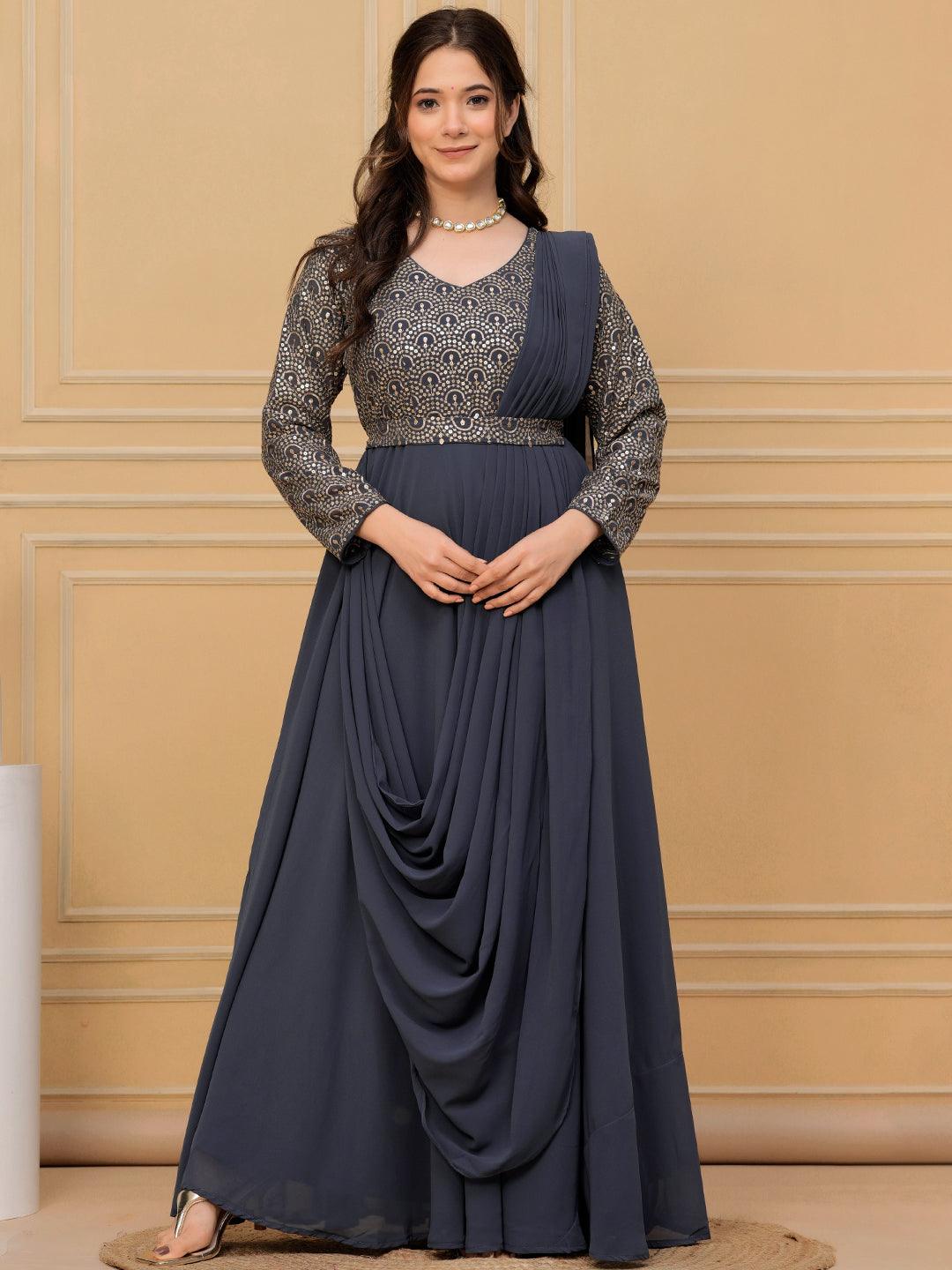 Grey Embroidered Georgette Gown Dress - Jashvi