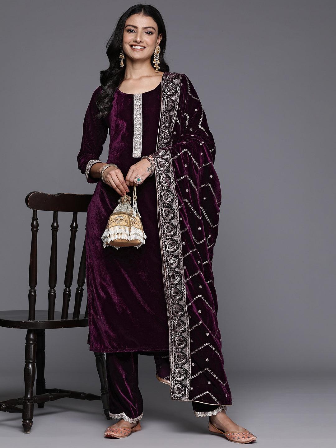 Wine Solid Velvet Straight Suit With Dupatta - Jashvi