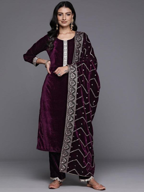 Wine Solid Velvet Straight Suit With Dupatta