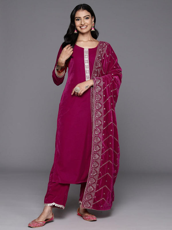 Pink Yoke Design Velvet Straight Kurta With Trousers & Dupatta - Jashvi