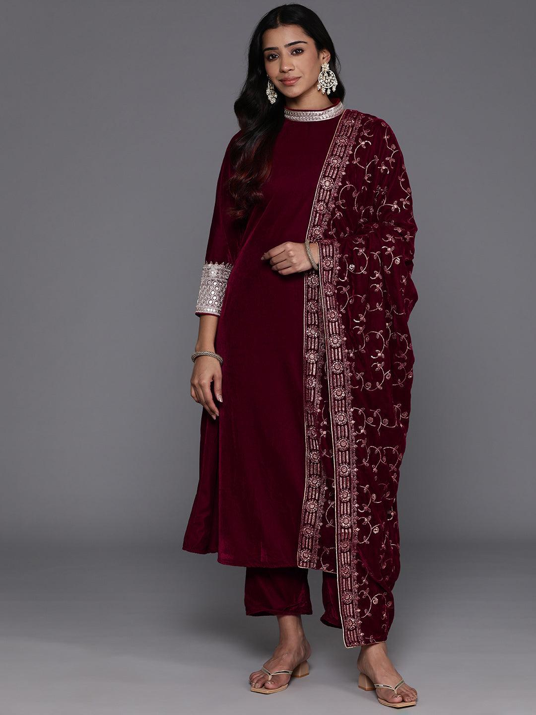 Maroon Embroidered Velvet A-Line Kurta With Trousers & Dupatta - Jashvi