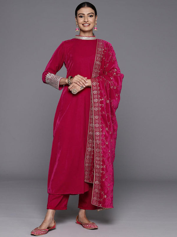 Pink Solid Velvet A-Line Kurta With Trousers & Dupatta - Jashvi