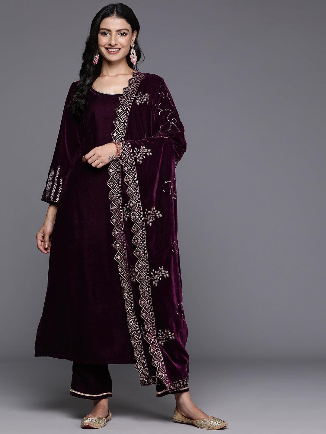 Wine Solid Velvet Straight Suit With Dupatta - Jashvi