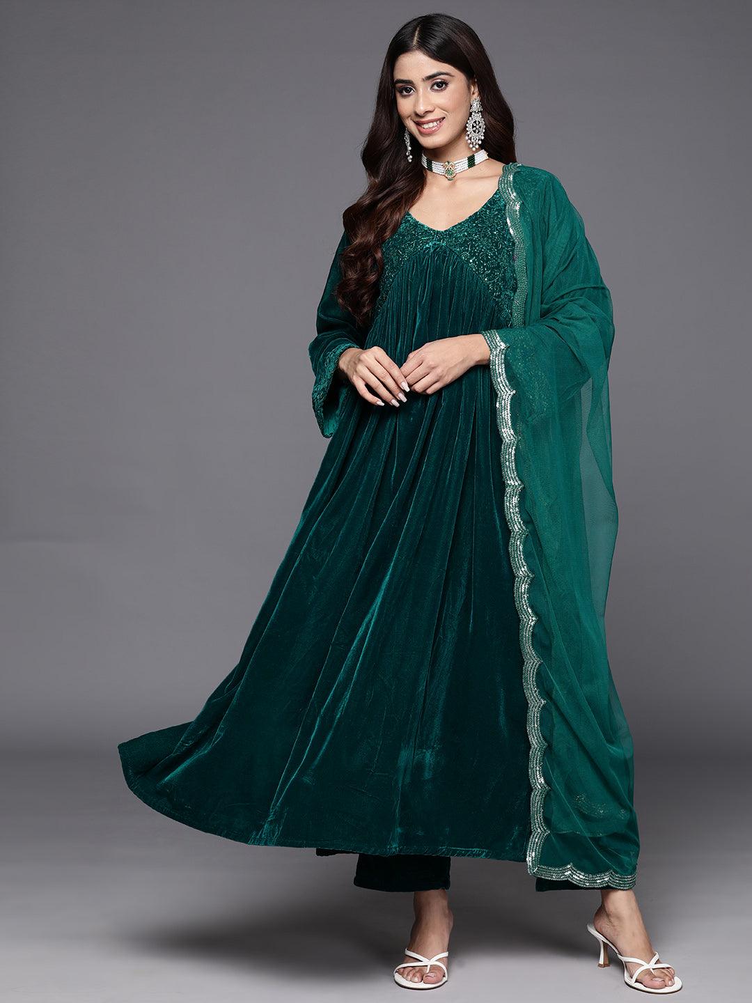 Green Embroidered Velvet A-Line Kurta With Trousers & Dupatta - Jashvi