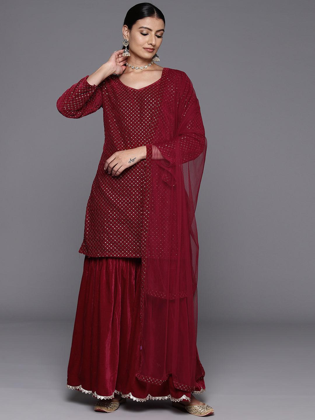 Maroon Embroidered Velvet Straight Kurta With Sharara & Dupatta - Jashvi