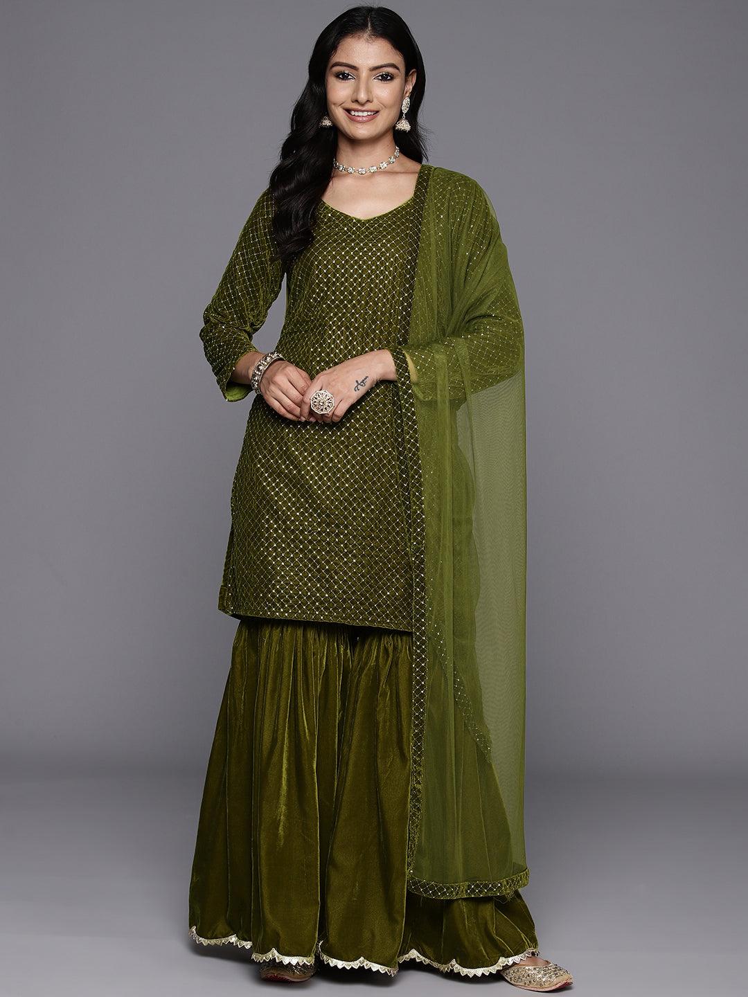 Olive Green Embroidered Velvet Straight Kurta With Sharara & Dupatta - Jashvi