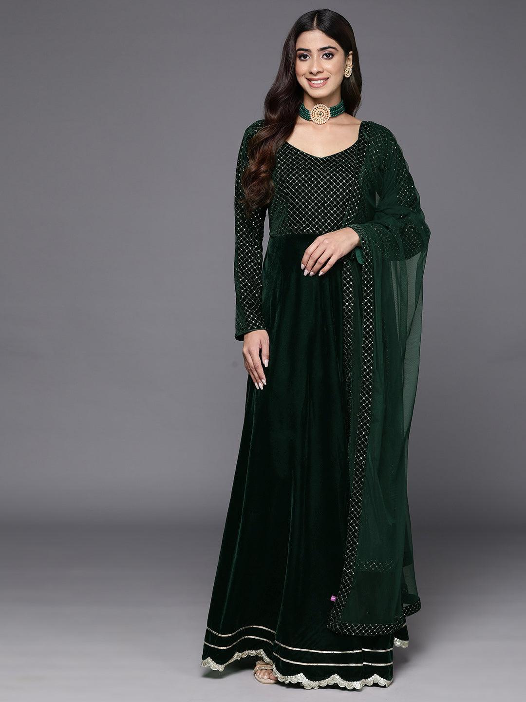 Green Embroidered Velvet Anarkali Kurta With Trousers & Dupatta - Jashvi