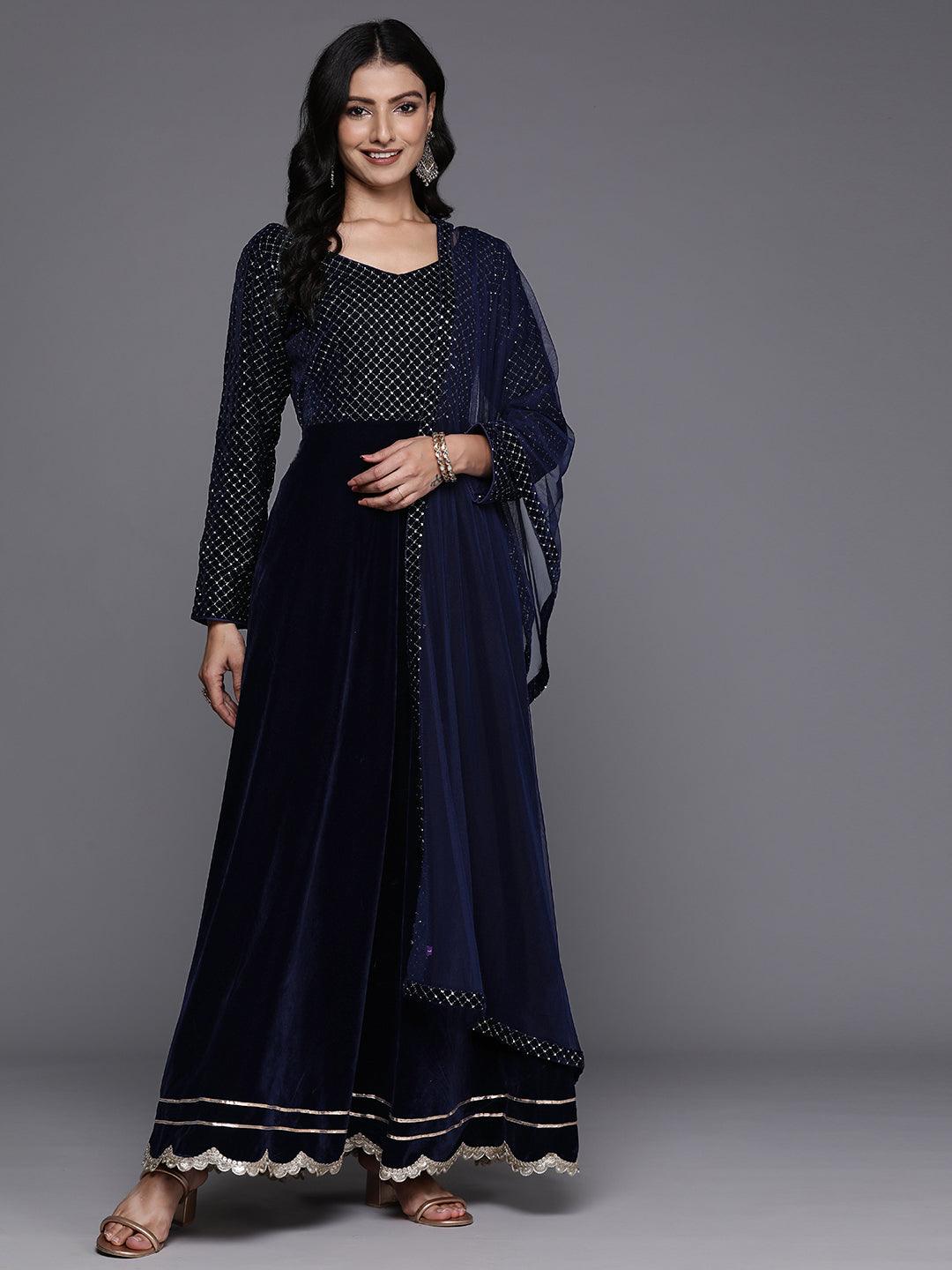 Blue Embroidered Velvet Anarkali Suit With Dupatta - Jashvi