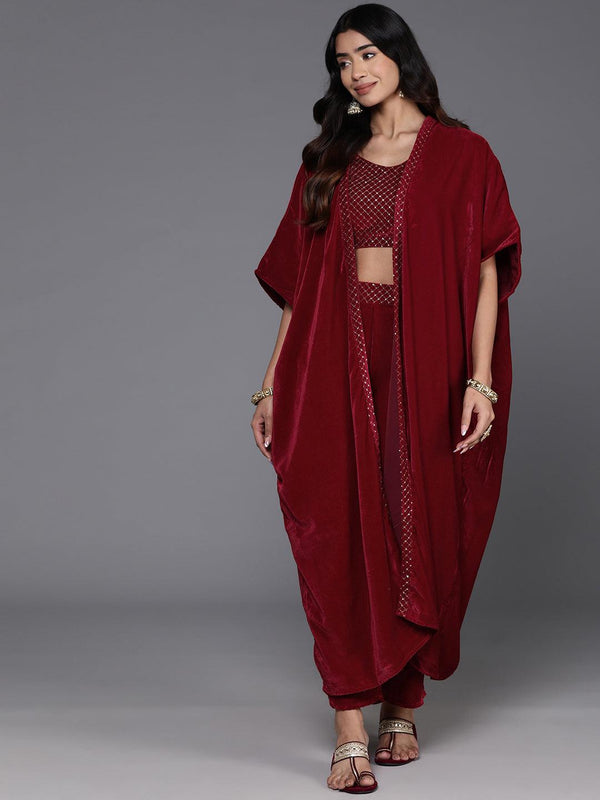 Maroon Embellished Polyester Co-Ords - Jashvi