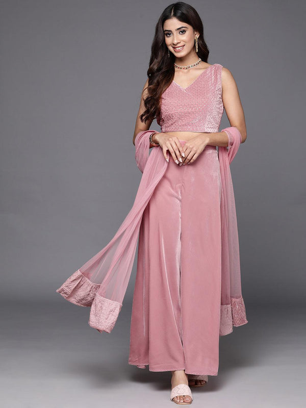 Pink Embellished Polyester Top With Palazzos & Dupatta - Jashvi