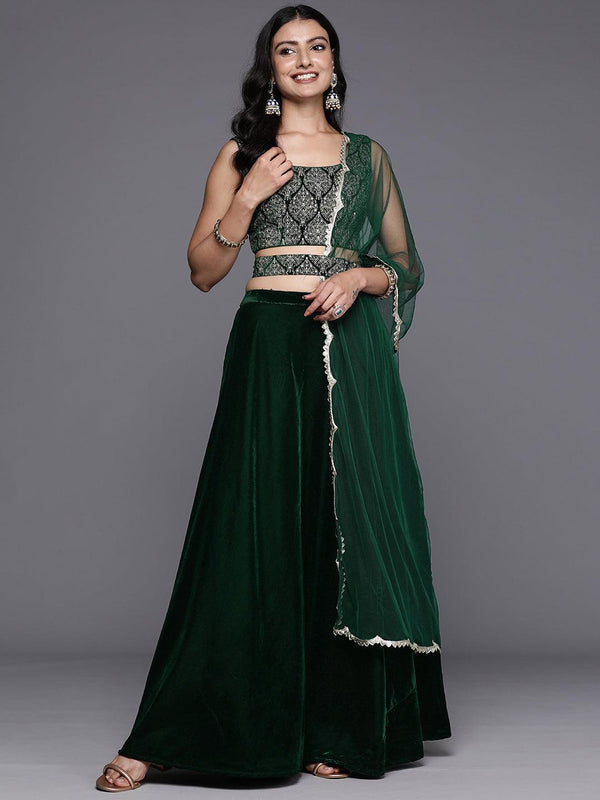 Green Embroidered Velvet Lehenga Set - Jashvi