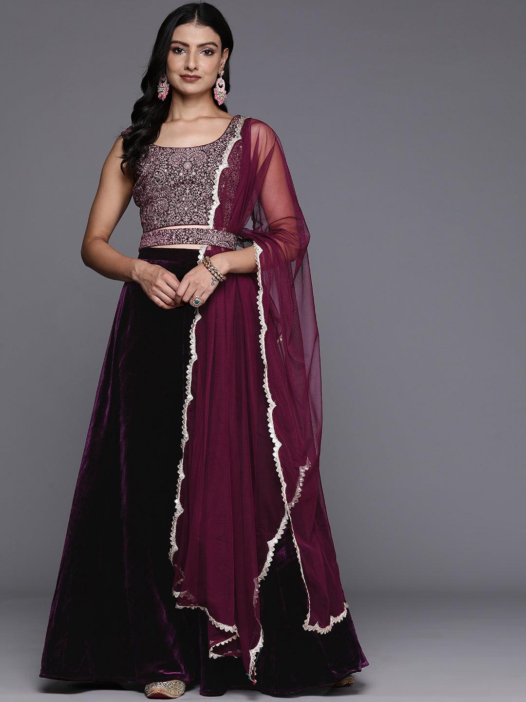 Wine Embroidered Velvet Lehenga Set - Jashvi