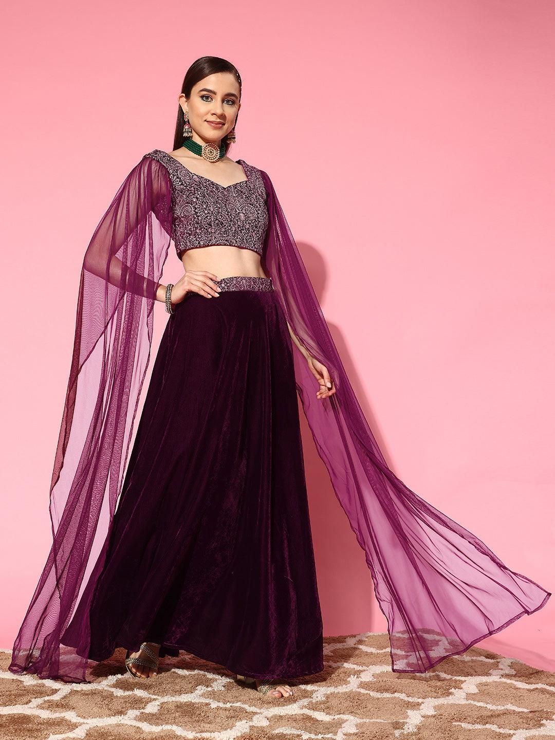 Wine Embroidered Velvet Lehenga Set - Jashvi