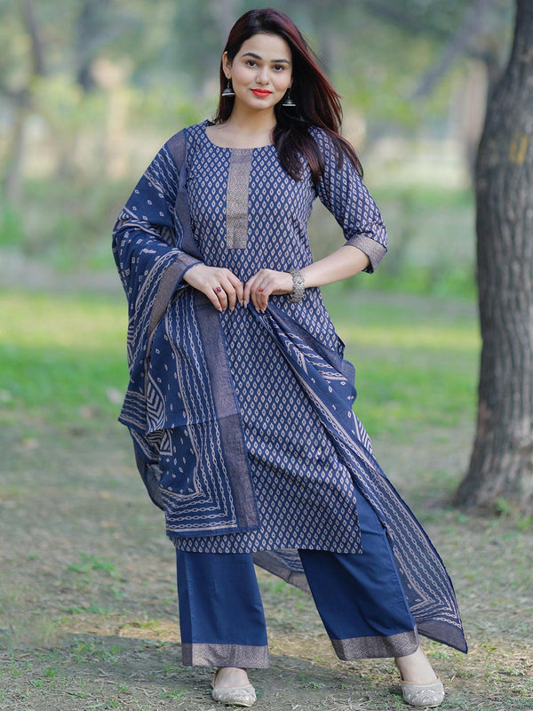 Blue Printed Cotton Straight Suit With Dupatta - Jashvi