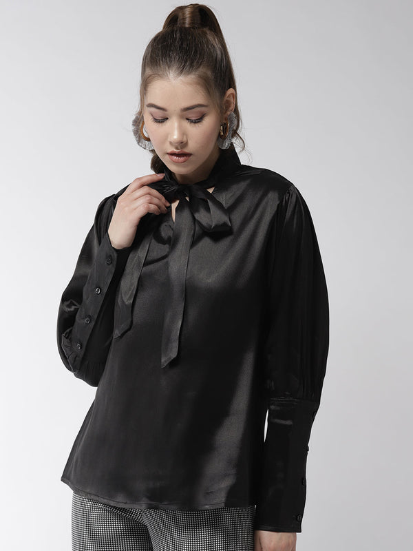 Women's Black Shirt with Long Cuff and attached Necktie - StyleStone