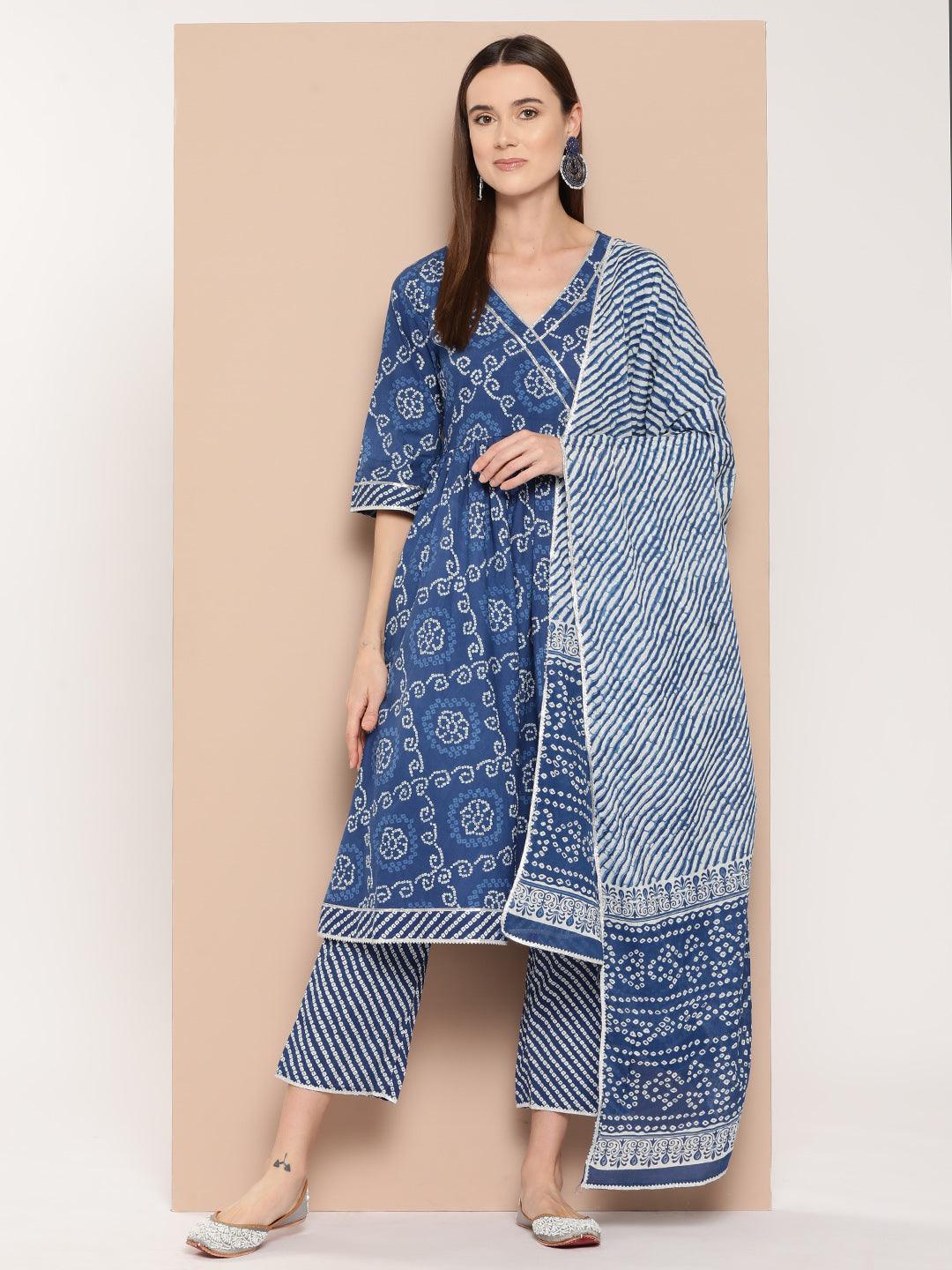 Blue Printed Cotton A-Line Straight Kurta With Trousers & Dupatta - Jashvi