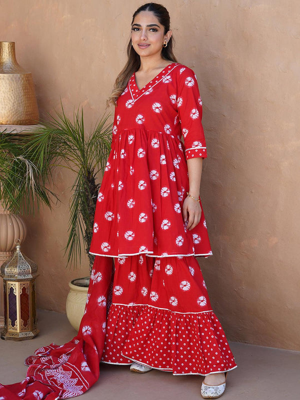 Red Printed Cotton A-Line Sharara Suit Set With Dupatta