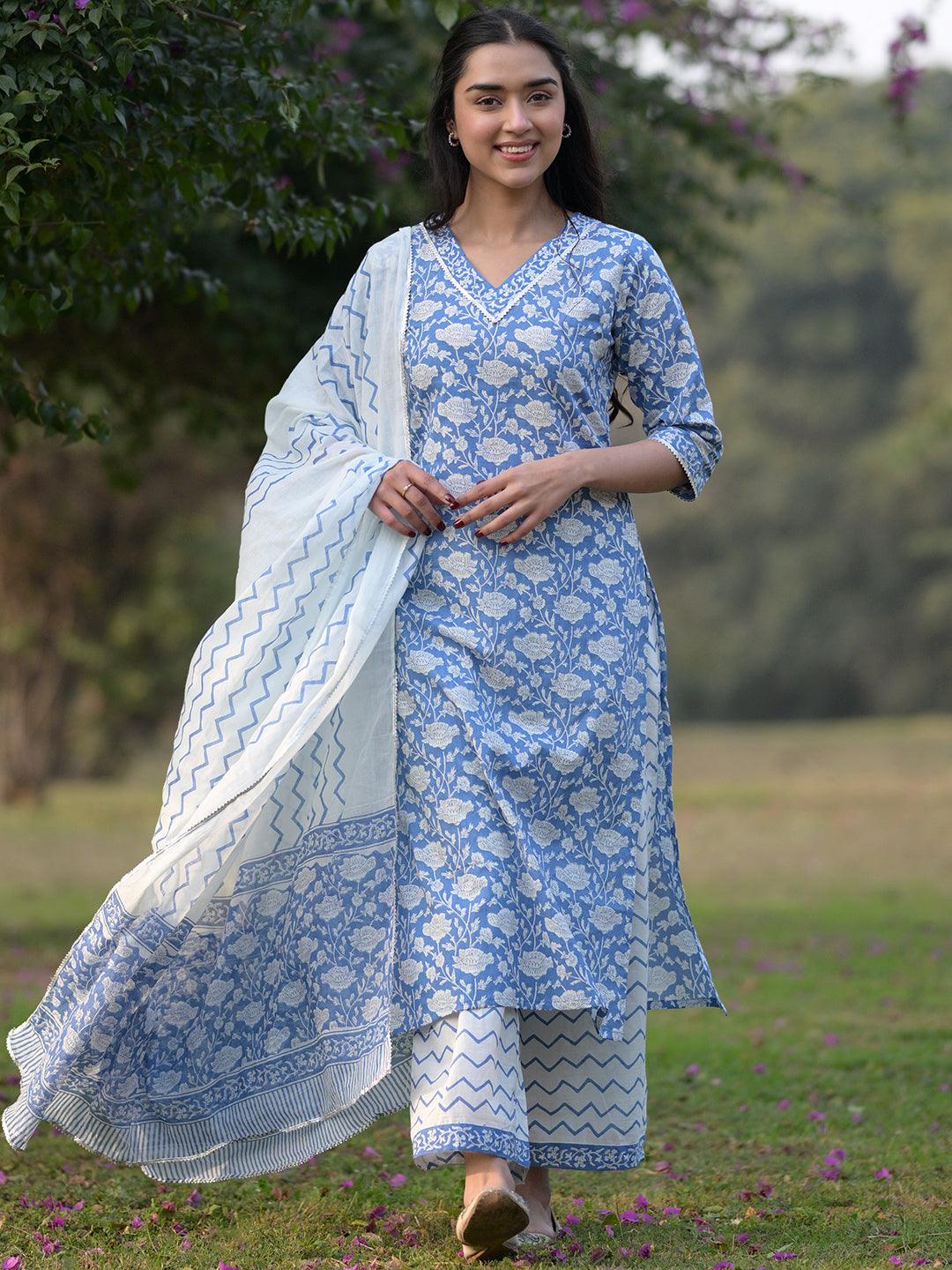 Blue Printed Cotton Straight Kurta With Palazzos & Dupatta - Jashvi