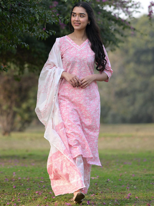 Pink Printed Cotton Straight Kurta With Palazzos & Dupatta - Jashvi