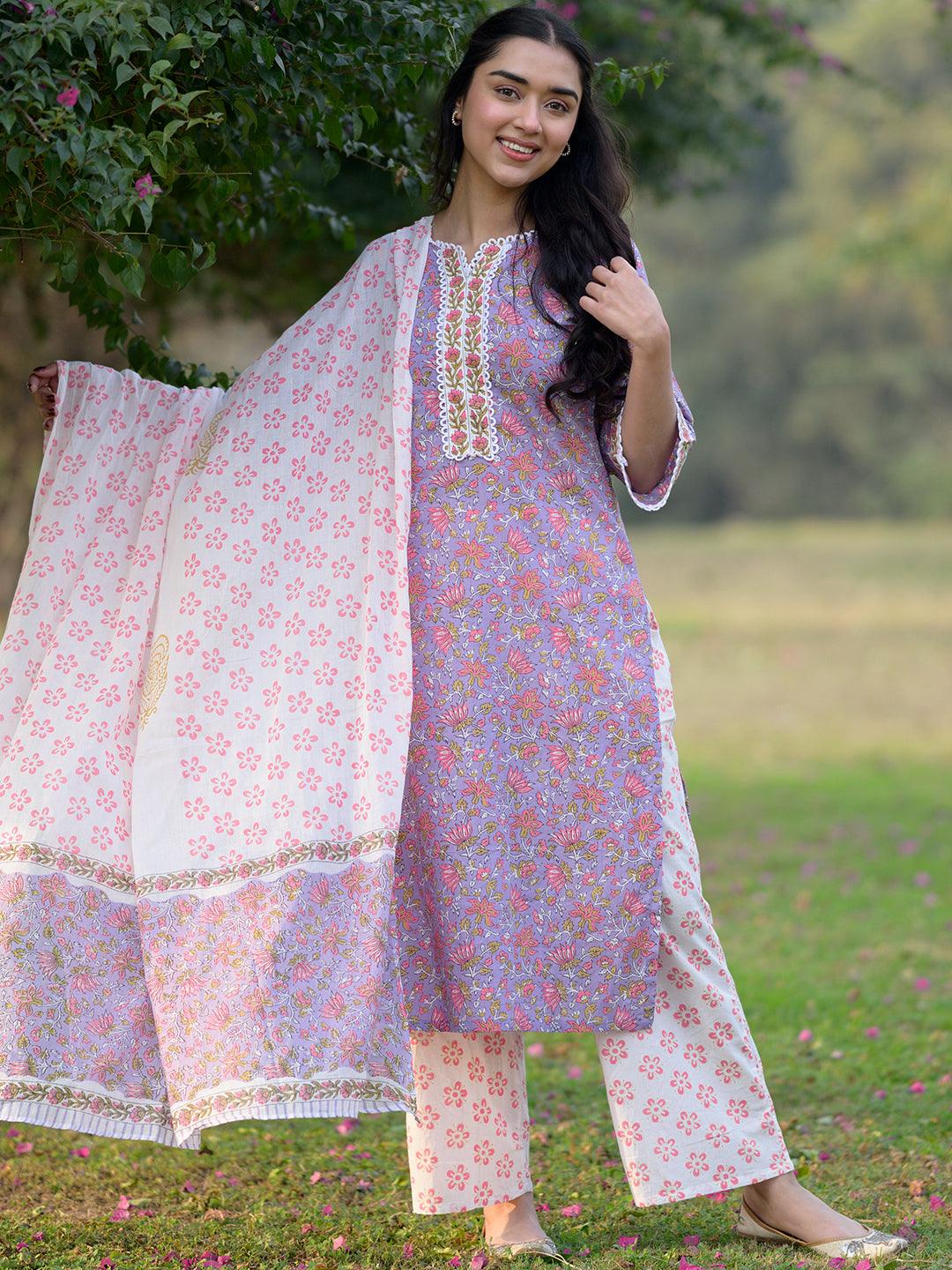 Purple Printed Cotton Straight Kurta With Palazzos & Dupatta - Jashvi