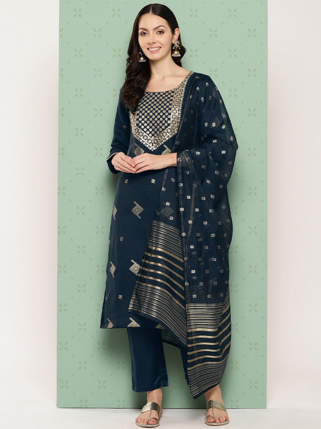 Blue Woven Design Chanderi Silk Straight Kurta With Trousers & Dupatta - Jashvi