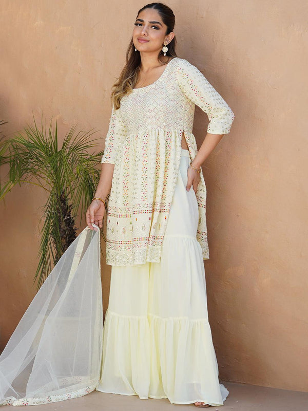 Lemon Embroidered Georgette A-Line Sharara Suit Set With Dupatta