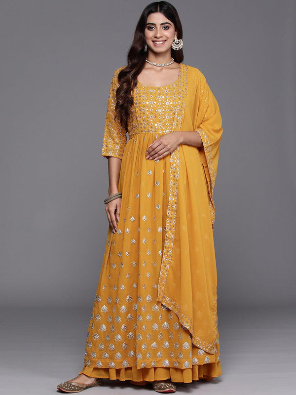 Mustard Embroidered Georgette A-Line Kurta With Palazzos & Dupatta - Jashvi