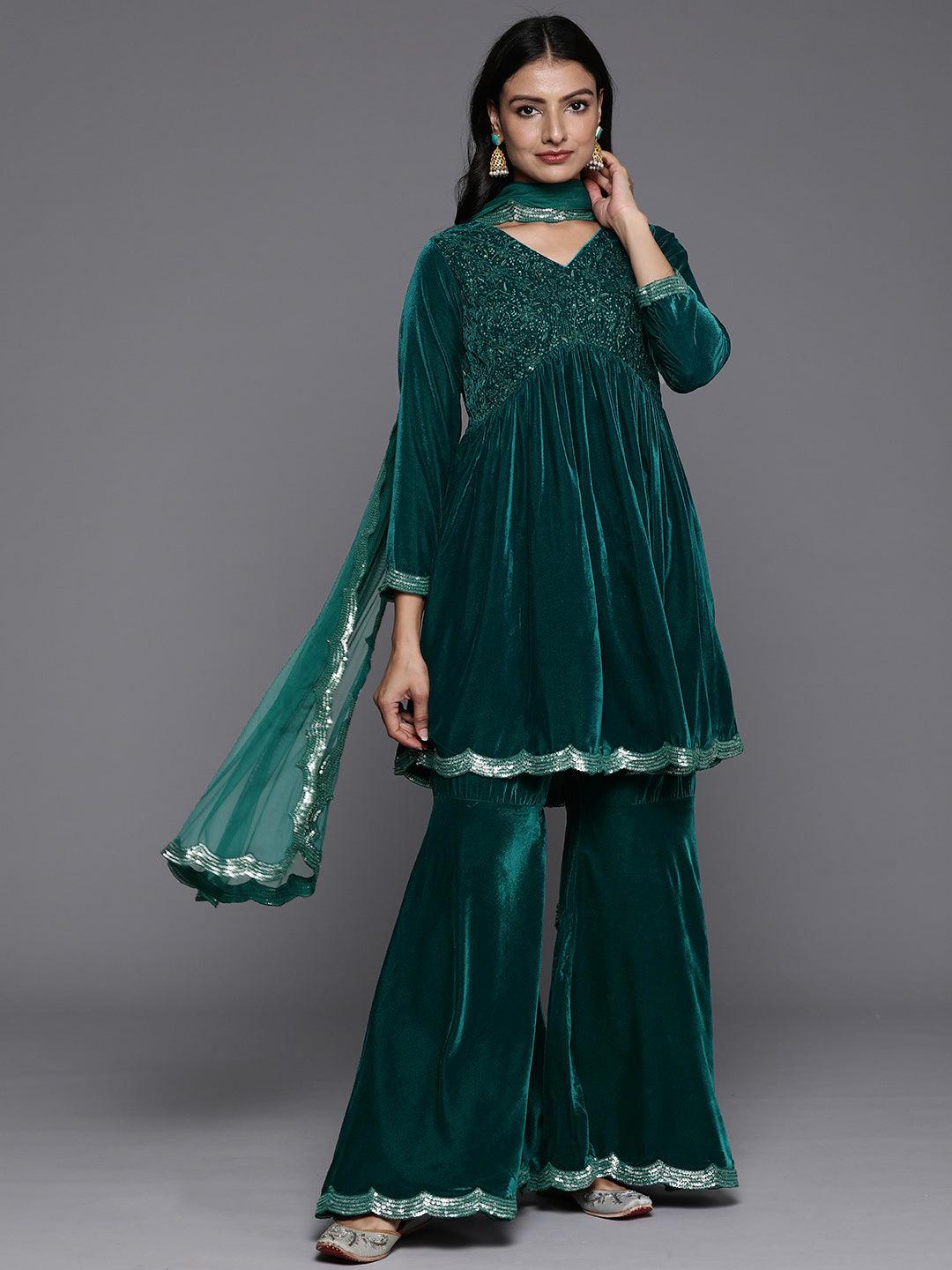 Blue Embroidered Velvet A-Line Kurti With Sharara & Dupatta - Jashvi