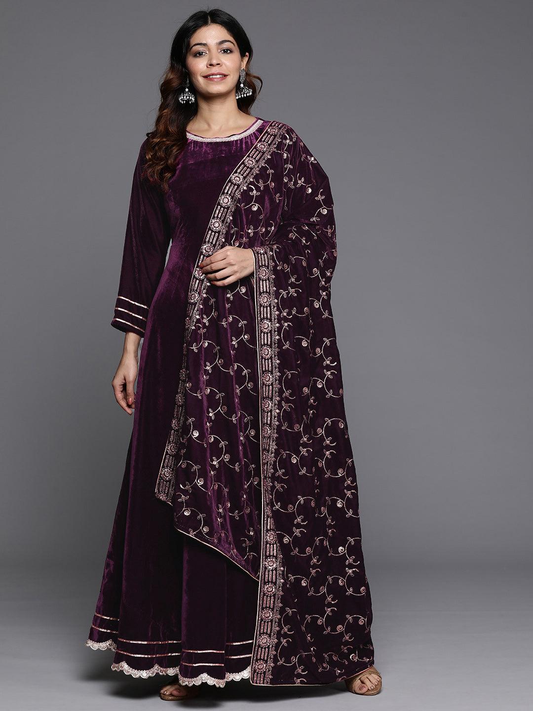 Wine Solid Velvet Anarkali Suit With Dupatta - Jashvi