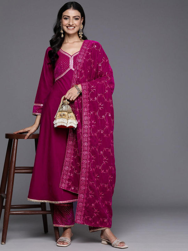 Pink Embroidered Velvet Anarkali Suit With Dupatta - Jashvi