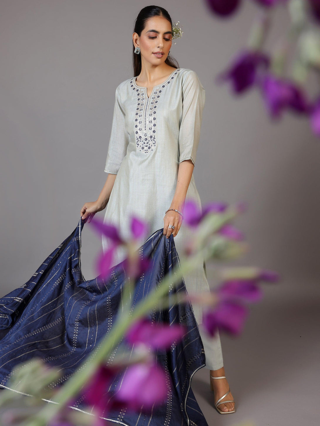 Grey Yoke Design Chanderi Silk Straight Kurta With Trousers & Dupatta - Jashvi