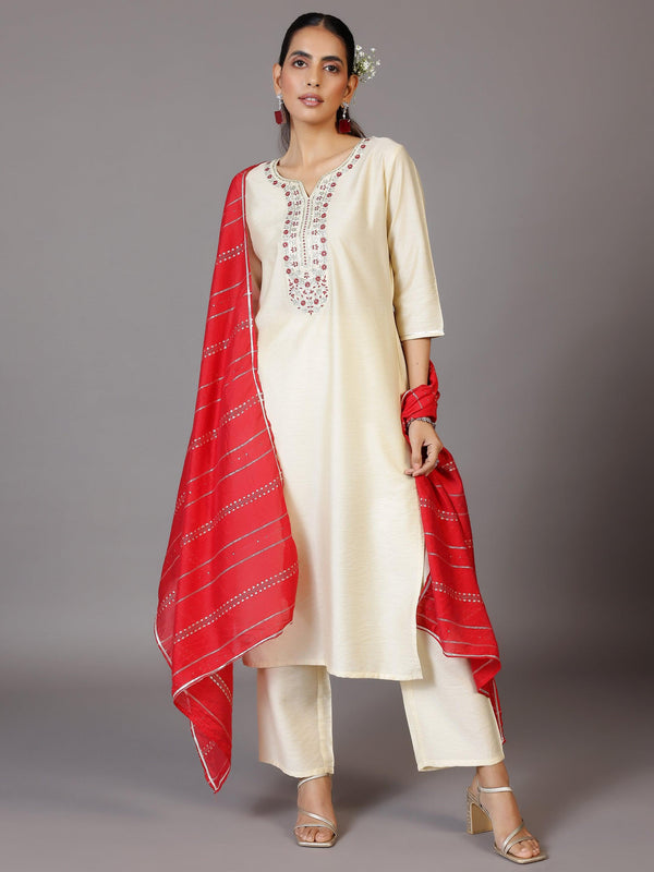 Off White Yoke Design Silk Blend Straight Kurta With Trousers & Dupatta - Jashvi