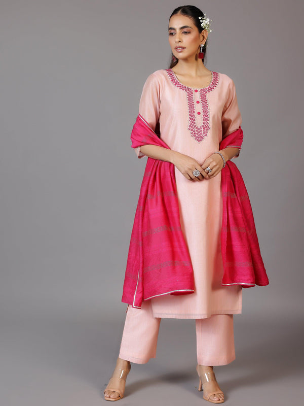 Pink Yoke Design Chanderi Silk Straight Kurta With Trousers & Dupatta - Jashvi