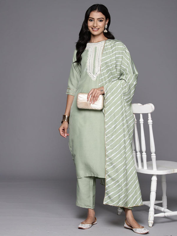 Green Yoke Design Silk Blend Straight Kurta With Trousers & Dupatta - Jashvi