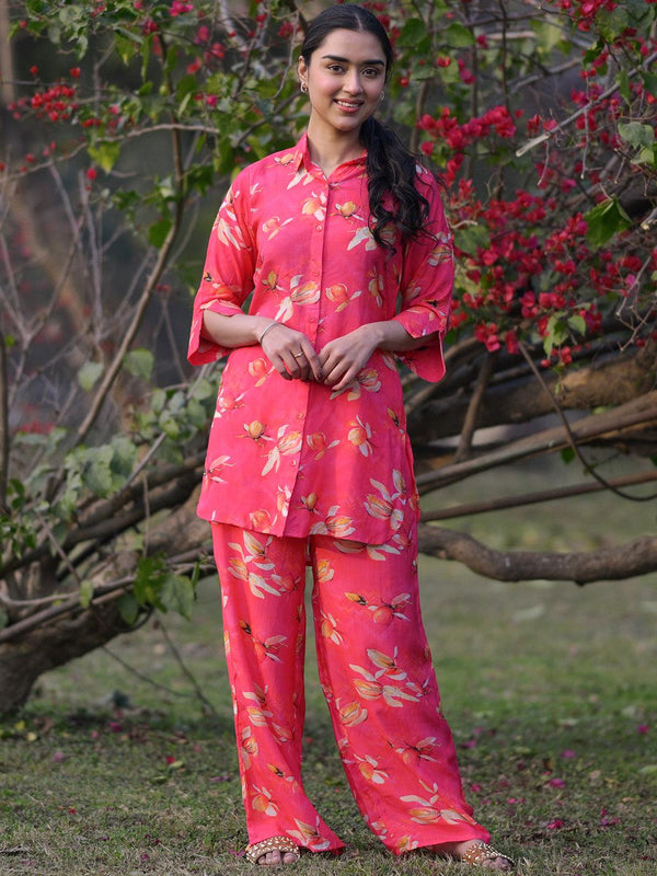 Pink Printed Cotton Blend Shirt With Palazzos - Jashvi