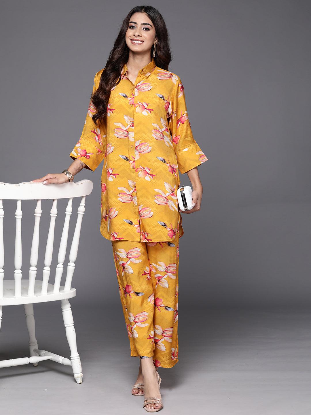 Mustard Printed Cotton Blend Shirt With Palazzos - Jashvi