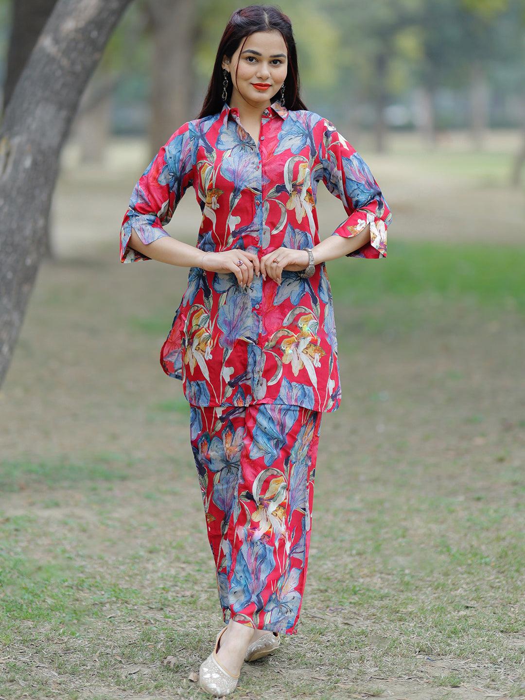 Pink Printed Cotton Blend Shirt With Palazzos - Jashvi