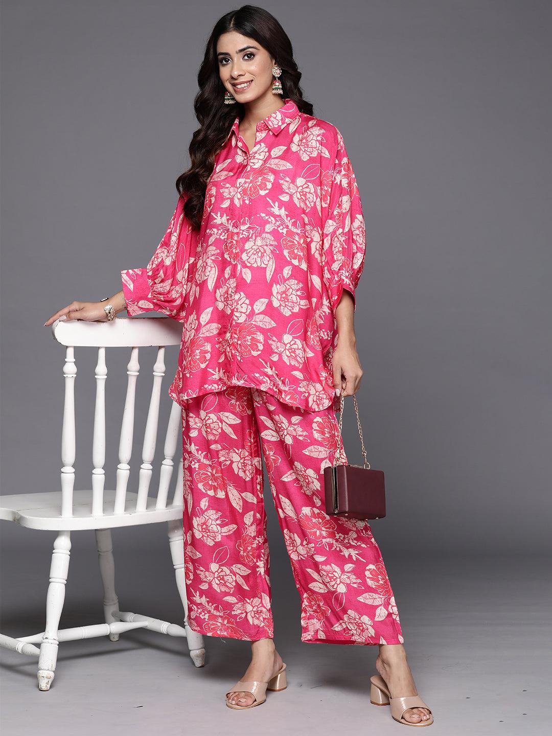 Pink Printed Cotton Blend Shirt With Palazzos - Jashvi