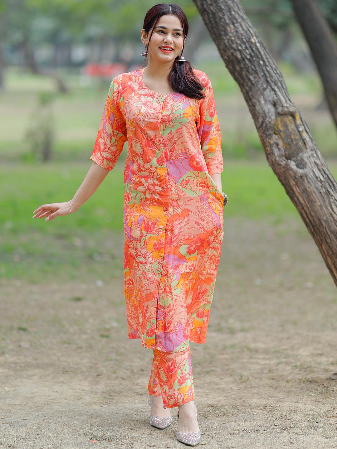 Orange Printed Cotton Blend Tunic With Palazzos - Jashvi