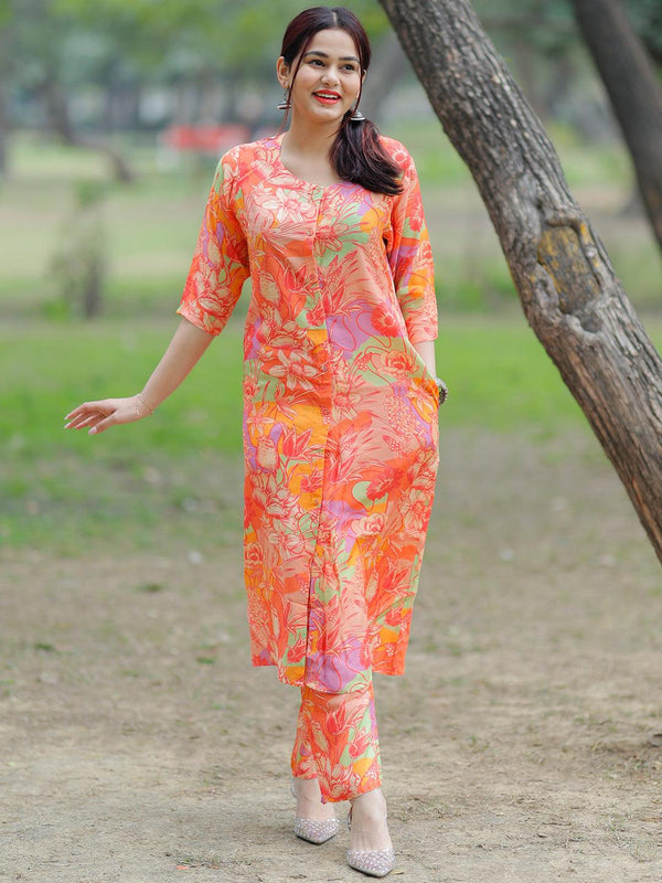 Orange Printed Cotton Blend Tunic With Palazzos - Jashvi