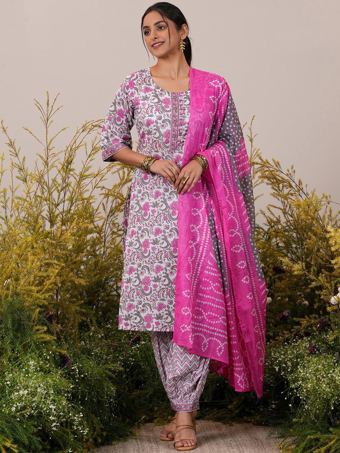 Pink Printed Cotton Straight Suit With Dupatta - Jashvi