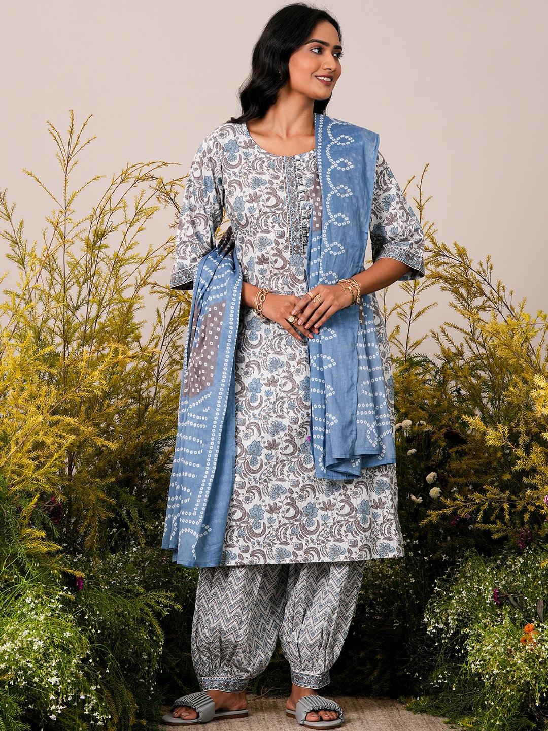 Blue Printed Cotton Straight Suit With Dupatta - Jashvi