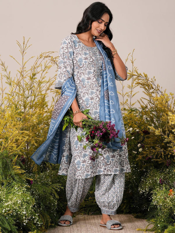 Blue Printed Cotton Straight Suit With Dupatta