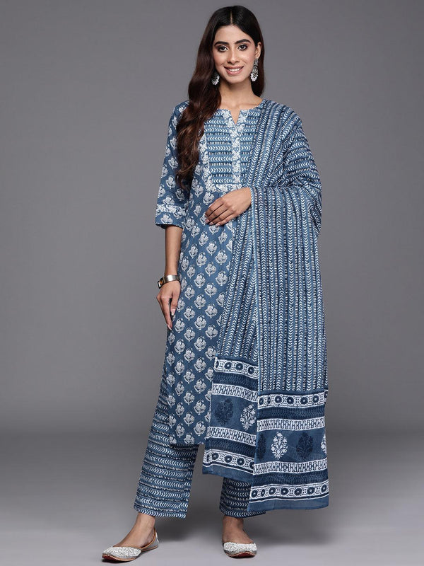 Blue Printed Cotton Straight Suit With Dupatta - Jashvi