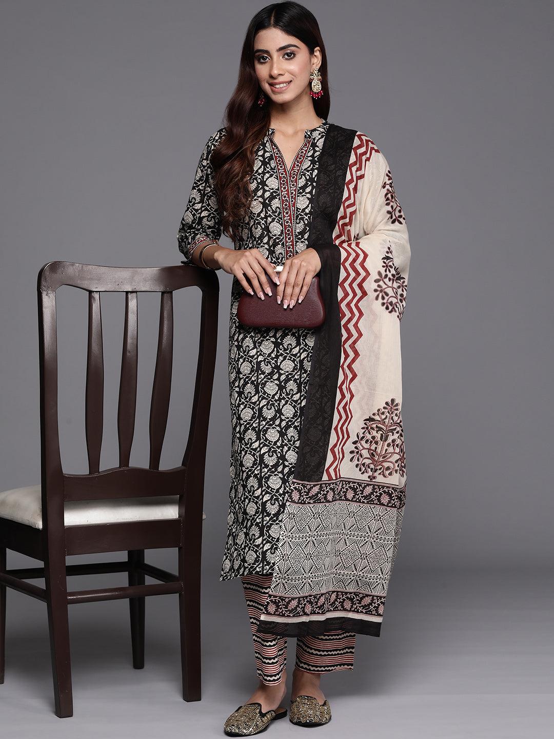 Black Printed Cotton Straight Suit With Dupatta - Jashvi