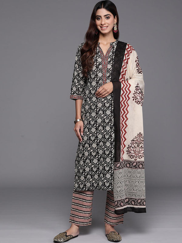 Black Printed Cotton Straight Suit With Dupatta