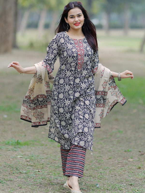 Black Printed Cotton Straight Suit With Dupatta - Jashvi