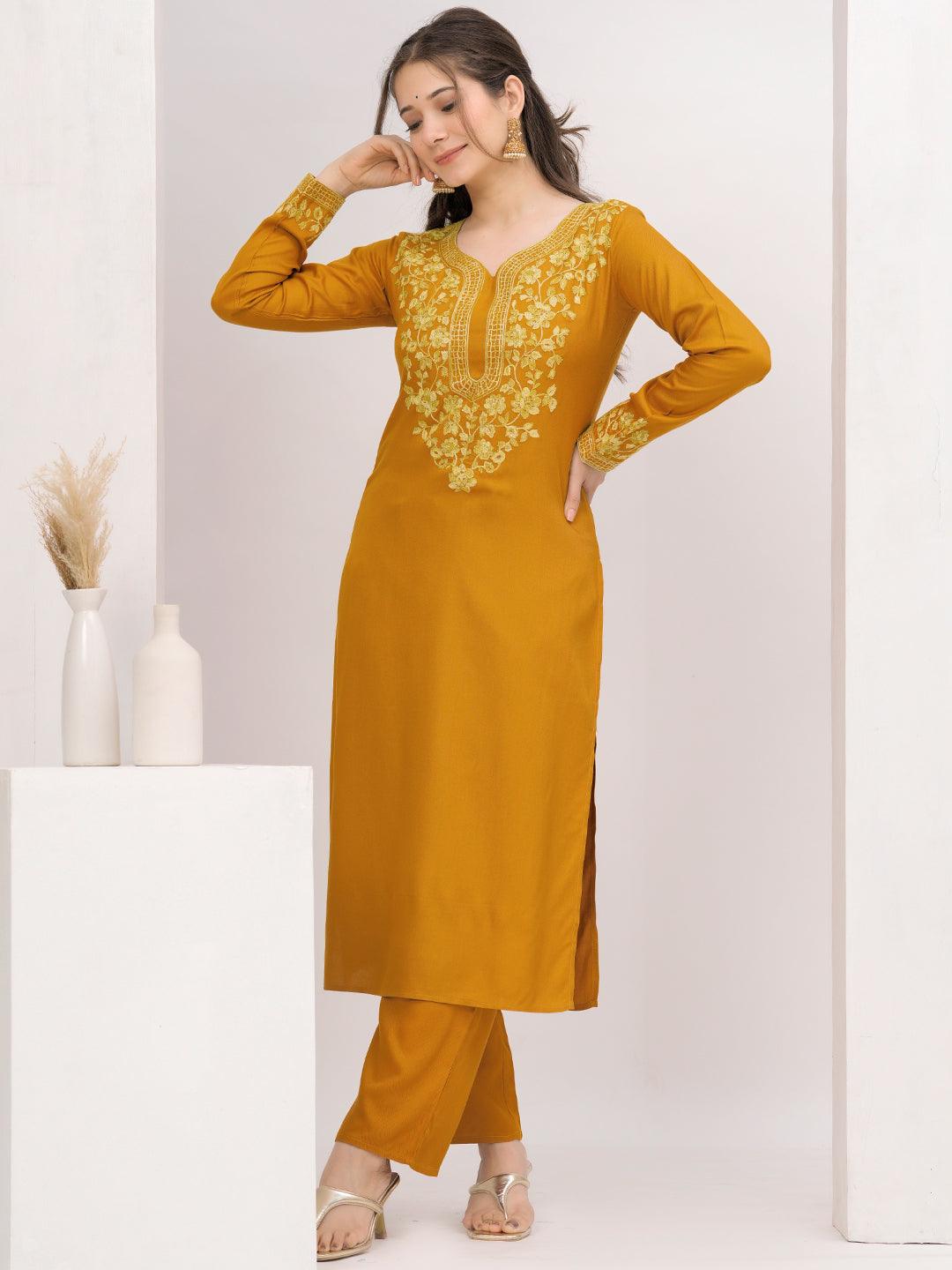 Mustard Yoke Design Wool Blend Straight Kurta Set - Jashvi