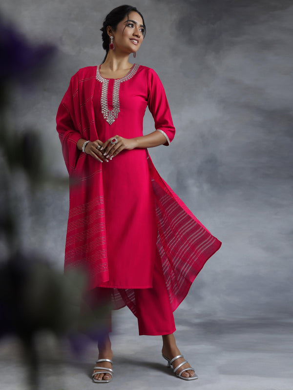 Pink Embroidered Silk Blend Straight Suit With Dupatta - Jashvi